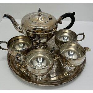 SILVER VIKING PLATE E P COPPER 6 PIECE TEA SET WITH TEAPOT CREAMER SUGAR & TRAY